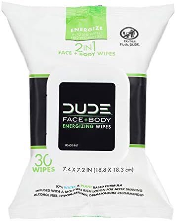DUDE Face & Body Wipes 30 Count Energizing & Refreshing Scent Infused with Pro Vitamin B-5, Face Cleansing Cloths for Men, Lightly Scented for Mid-Day Refreshment, Hypoallergenic, Alcohol Free