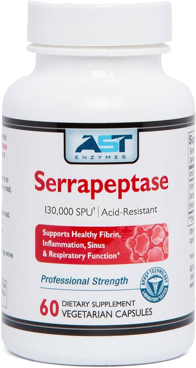AST Enzymes Serrapeptase 130,000 SPU 60 Vegetarian Capsules Premium Natural Systemic Enzymes Acid-Resistant Serrapeptase