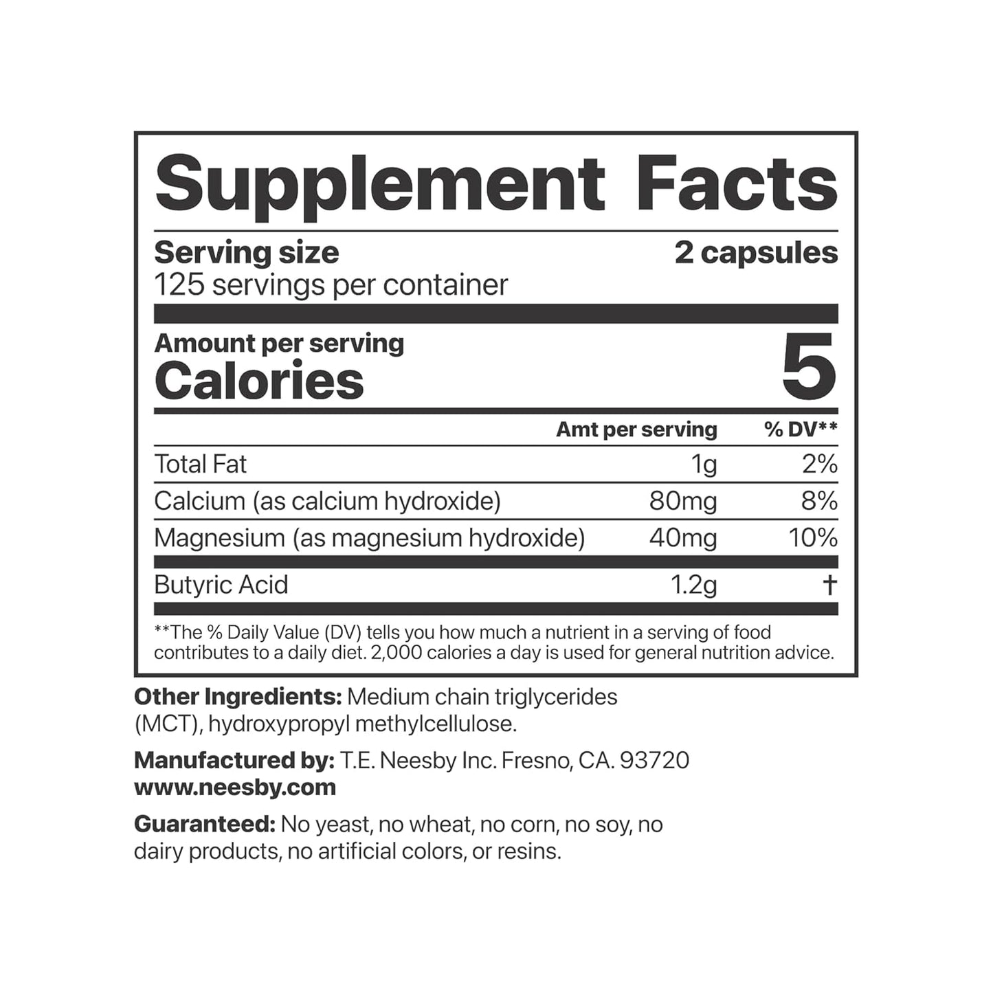 T.E. Neesby Butyrex Calcium/Magnesium Butyrate Complex: 250 Capsules