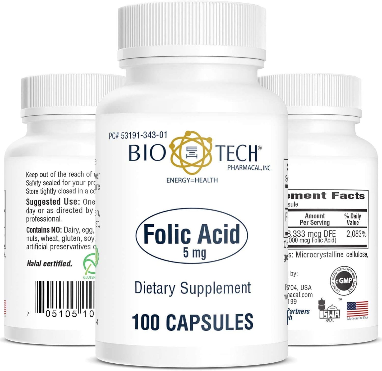 Folic Acid 5mg - BioTech Pharmacal - 100 Capsules - Pack of 2