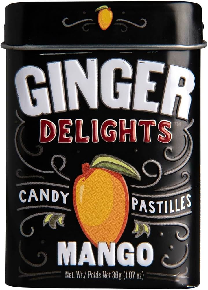 Ginger Delights Mango Candy | Genuine Ground Ginger Root, Natural Flavors | Kosher Certified, Vegan, Gluten Free | Aspartame & Xylitol Free | 30 Pieces per Tin (Pack of 12)