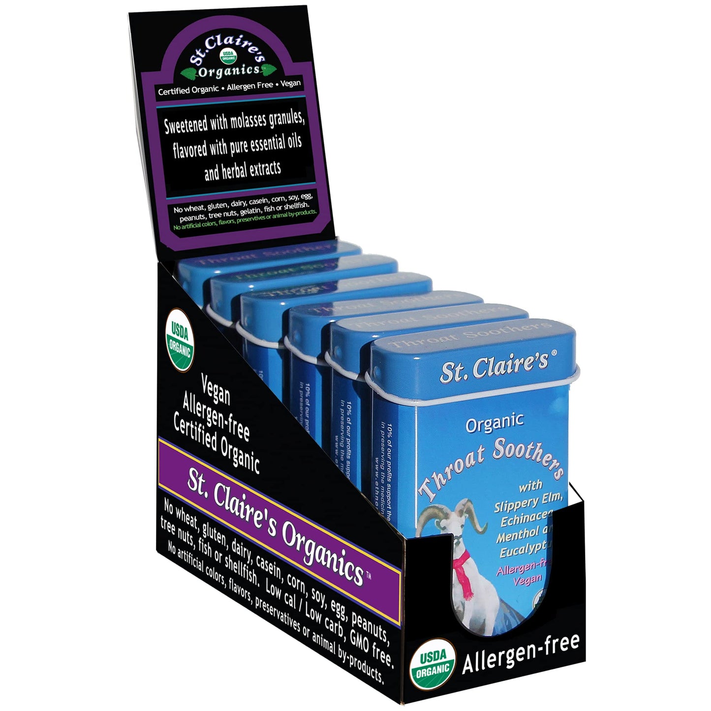 St. Claire's Organics Throat Soothers, (1.5 Ounce Tin, Pack of 6) | Gluten-Free, Vegan, GMO-Free, Plant-Based, Allergen-Free | Made in Our Allergen-Free Facility