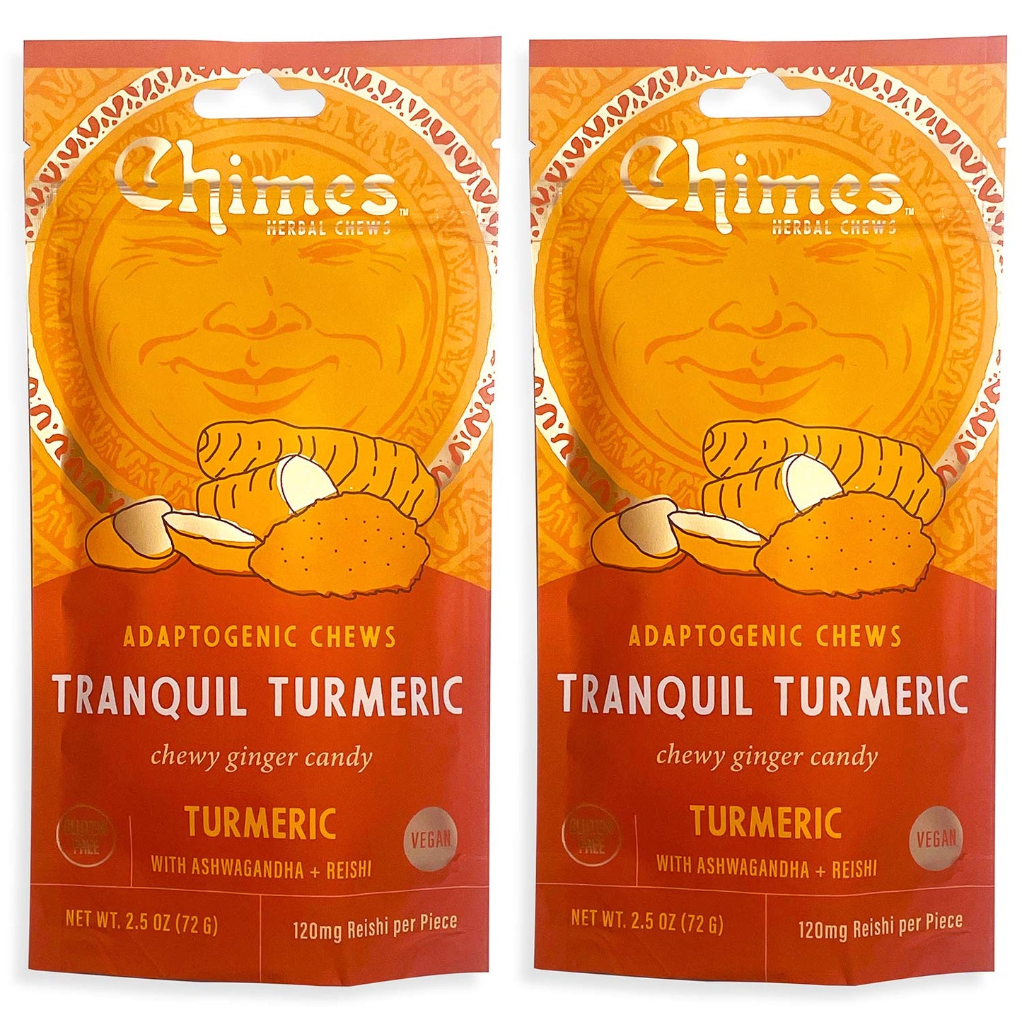 Chimes Tranquil Turmeric Adaptogen Ginger Chews Candy - (2 Pack With Ashwagandha, Reishi and Turmeric with Curcumin) Vegan, Gluten Free