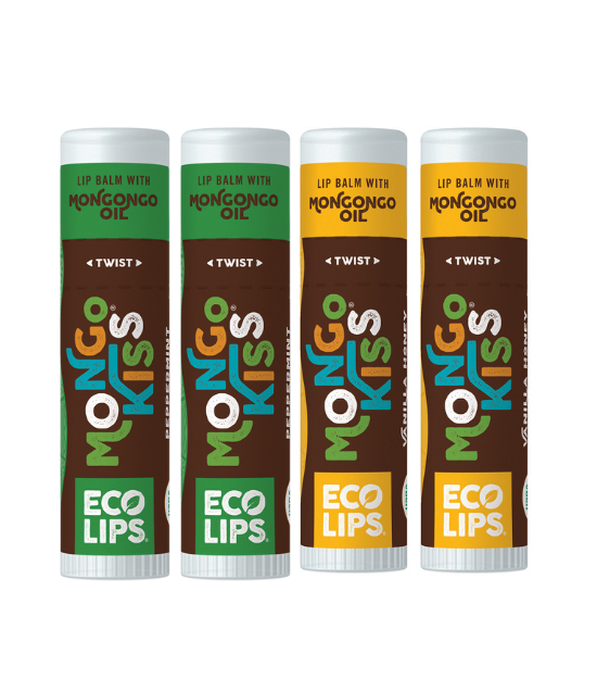 Eco Lips Mongo Kiss Organic Lip Balm 4 Pack - 100 Percent USDA Organic - Soothe, Moisturize Dry, Cracked and Chapped Lips - Made in USA (Peppermint & Vanilla Honey)