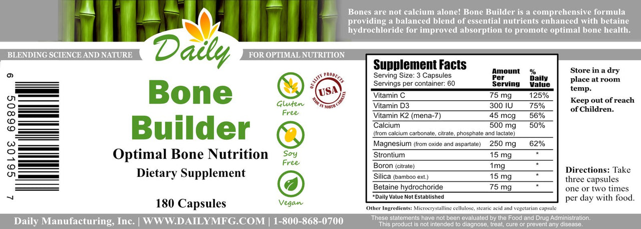 Daily Manufacturing Bone Builder (Vitamin's C, D3, K2, Calcium, Magnesium, Strontium, Boron, Silicon & Betaine Hydrochloride) 180 Tablets bottle
