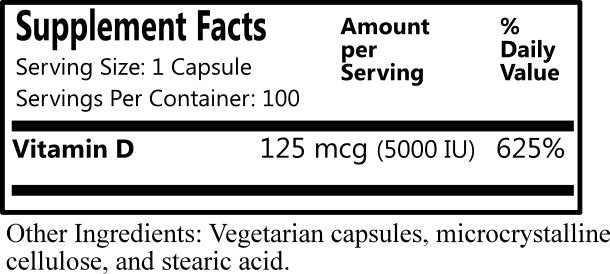 Daily Manufacturing Vitamin D3 5000 IU (125 mcg) Softgels Supplement Facts