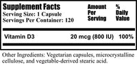 Daily Manufacturing Vitamin D3 800 IU (20 mcg) Supplement Facts