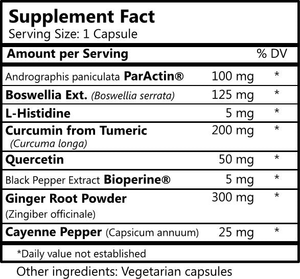 Daily Manufacturing Easy-Flex 2 (Andrographis Paniculata, Boswellia Extract, L-Histidine, Curcumin (Turmeric), Quercetin, Black Pepper Extract, Ginger Root Powder & Cayenne Pepper) Supplement Facts