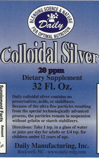 Daily Manufacturing Colloidal Silver (20 ppm - No Preservatives, Acids or Stabilizers) 32 oz Amber Glass Bottles Supplement Facts