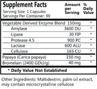 Daily Manufacturing VegeZyme Vegetarian Digestive Enzymes (Amylase, Lactase, Protease, Lipase, Cellulase, Bromelain & Papaya) Supplement Facts