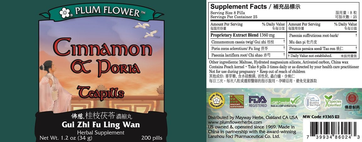 Cinnamon & Poria Teapills (Gui Zhi Fu Ling Tang), 200 ct, Plum Flower bottle