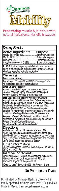 Bamboo Pharmacy Mobility Muscle & Joint Rub 1.69 Fl Oz Supplement Facts