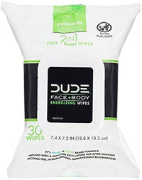 DUDE Face & Body Wipes 30 Count Energizing & Refreshing Scent Infused with Pro Vitamin B-5, Face Cleansing Cloths for Men, Lightly Scented for Mid-Day Refreshment, Hypoallergenic, Alcohol Free