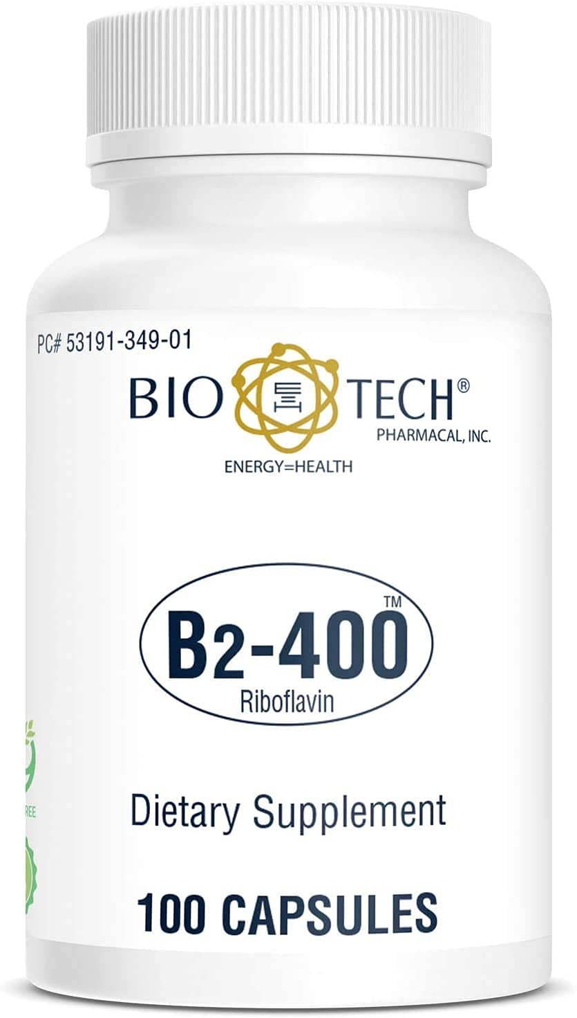 Bio-Tech Pharmacal B2-400, 100 Capsules  All-Natural Supplement  Supports Clarity and Productivity  No Dairy, Fish, Gluten, Peanut, Shellfish, GMOS, & Soy  No Artificial Colors