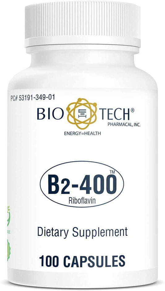 Bio-Tech Pharmacal B2-400, 100 Capsules  All-Natural Supplement  Supports Clarity and Productivity  No Dairy, Fish, Gluten, Peanut, Shellfish, GMOS, & Soy  No Artificial Colors