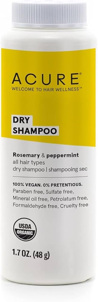 Acure Dry Shampoo - All Hair Types | 100% Vegan | Certified Organic | Rosemary & Peppermint - Absorbs Oil & Removes Impurities Without Water | 1.7 Oz