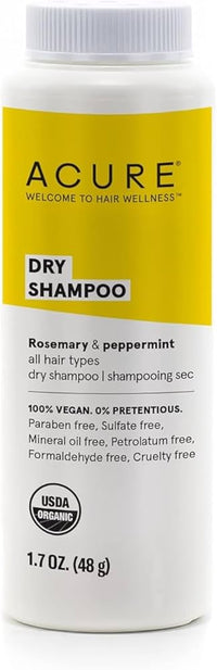 Acure Dry Shampoo - All Hair Types | 100% Vegan | Certified Organic | Rosemary & Peppermint - Absorbs Oil & Removes Impurities Without Water | 1.7 Oz
