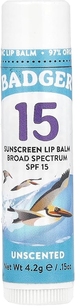 Badger Sunscreen Lip Balm SPF 15, Organic Mineral Sunscreen SPF Lip Balm with Zinc Oxide, Reef Friendly, Broad Spectrum, Water Resistant, Unscented, .15 oz