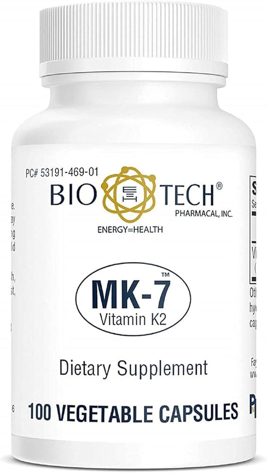 Bio-Tech Pharmacal MK-7 (Vitamin K2), 100 Vegetable Capsules  All-Natural Supplement  Supports Cardiovascular & Bone Health  No Dairy, Fish, Gluten, Peanut, Shellfish, GMOs, Kosher, Halal, & Soy 