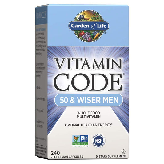 Garden of Life Vitamin Code 50 & Wiser Men Raw Whole Food Multivitamin, Vitamins for Men Over 50 for Prostate Health, Healthy Heart, Blood Pressure, 240 Vegetarian Capsules *Packaging May Vary*