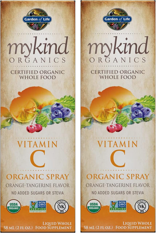 Garden of Life - Whole Food Vitamin C Spray 60mg Orange-Tangerine Flavor No Added Sugars or Stevia Liquid Non GMO Liquid Whole Food Supplement (58 mL / 2 Fl OZ) Pack of 2