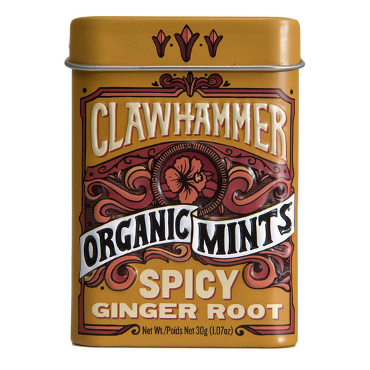 Clawhammer Organic Mints Spicy Ginger Root | Cane Sugar, Natural Flavors, No Artificial Colors or Sweeteners | Kosher, Vegan, Gluten Free | Aspartame & Xylitol Free | 30 Count Tin (Pack of 12)