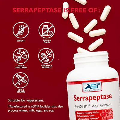 AST Enzymes Serrapeptase 80,000 SPU  300 Vegetarian Capsules - Premium Natural Systemic Enzymes  Acid-Resistant Serrapeptase