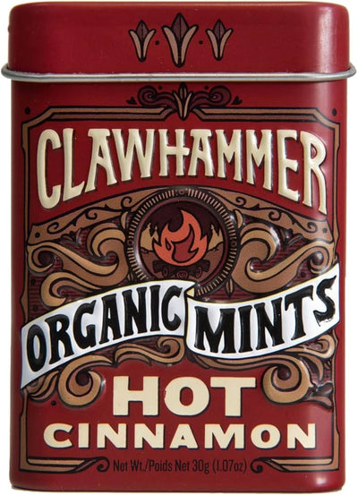 Clawhammer Organic Mints Hot Cinnamon | Cane Sugar, Natural Flavors, No Artificial Colors or Sweeteners | Kosher, Vegan, Gluten Free | Aspartame & Xylitol Free | 30 Count Tin (Pack of 12)