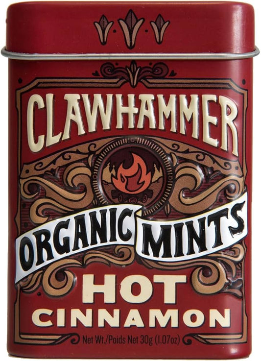 Clawhammer Organic Mints Hot Cinnamon | Cane Sugar, Natural Flavors, No Artificial Colors or Sweeteners | Kosher, Vegan, Gluten Free | Aspartame & Xylitol Free | 30 Count Tin (Pack of 12)