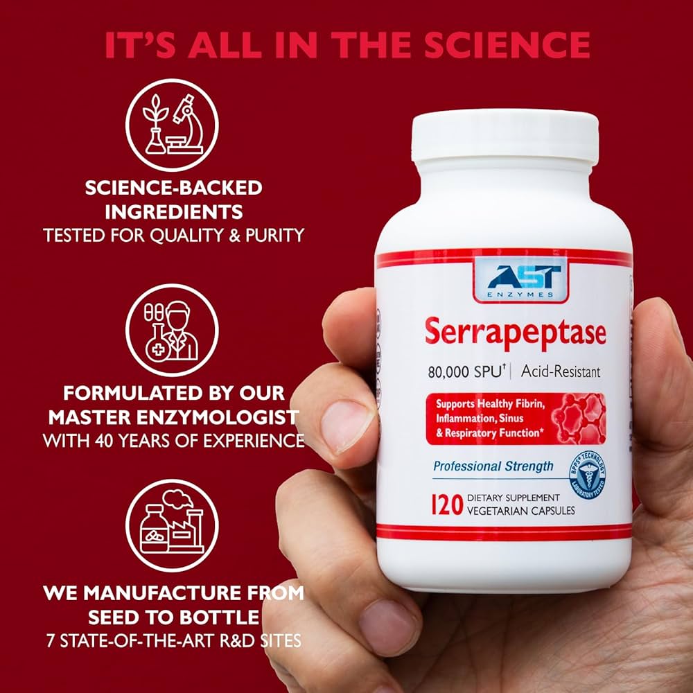 AST Enzymes Serrapeptase 80,000 SPU  120 Vegetarian Capsules - Premium Natural Systemic Enzymes  Acid-Resistant Serrapeptase
