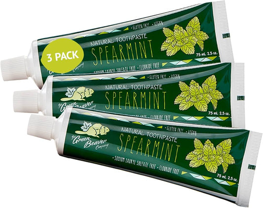 Green Beaver All Natural Organic Toothpaste, Vegan, Fluoride Free & Gluten Free Toothpaste, Spearmint Flavor, 75ml, 3 Pack