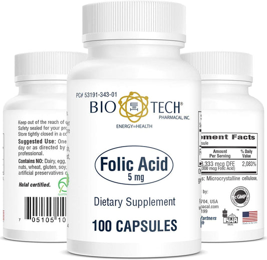 Folic Acid 5mg - BioTech Pharmacal - 100 Capsules - Pack of 2