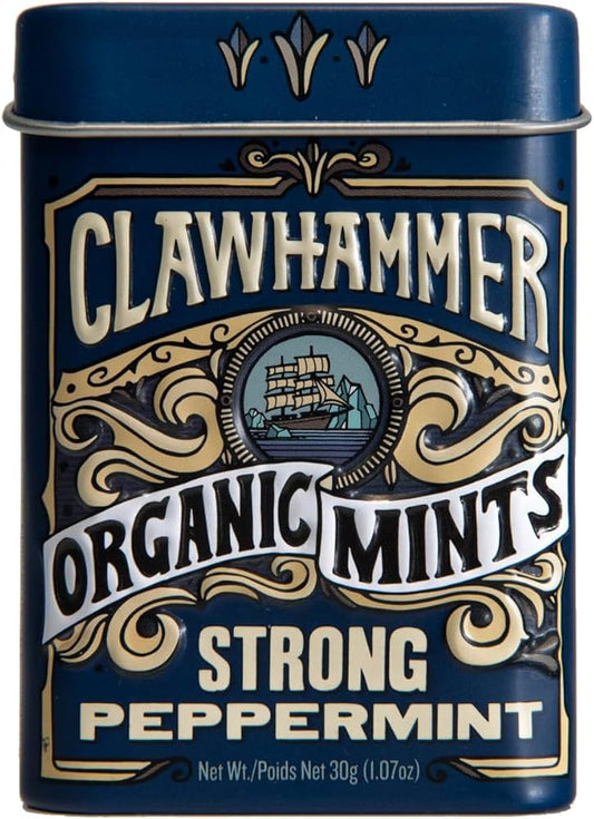 Clawhammer Organic Mints Strong Peppermint | Cane Sugar, Natural Flavors, No Artificial Colors or Sweeteners | Kosher, Vegan, Gluten Free | Aspartame & Xylitol Free | 30 Count Tin (Pack of 12)