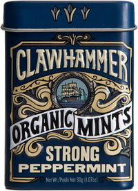 Clawhammer Organic Mints Strong Peppermint | Cane Sugar, Natural Flavors, No Artificial Colors or Sweeteners | Kosher, Vegan, Gluten Free | Aspartame & Xylitol Free | 30 Count Tin (Pack of 12)