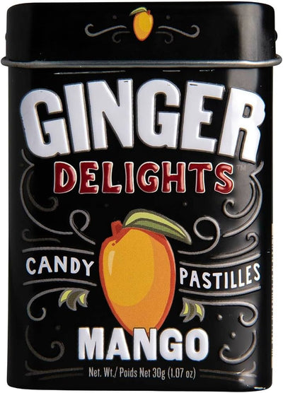Ginger Delights Mango Candy | Genuine Ground Ginger Root, Natural Flavors | Kosher Certified, Vegan, Gluten Free | Aspartame & Xylitol Free | 30 Pieces per Tin (Pack of 12)