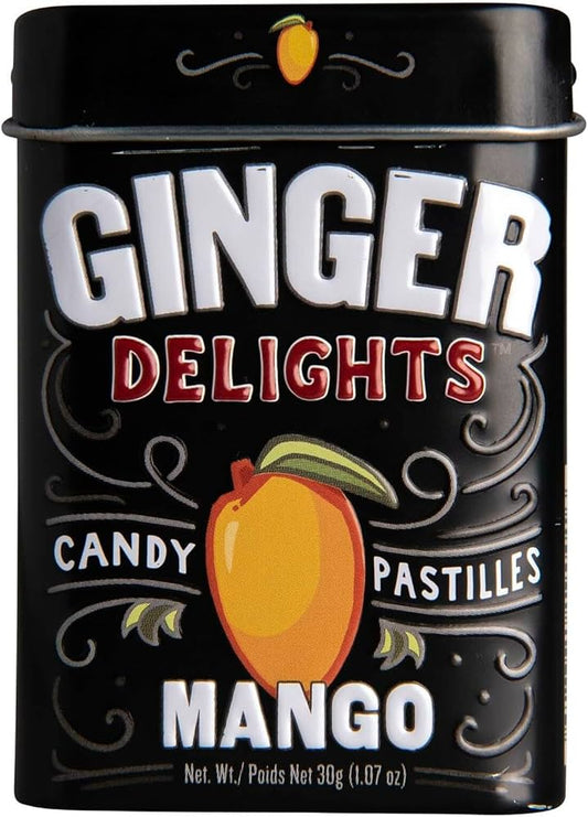 Ginger Delights Mango Candy | Genuine Ground Ginger Root, Natural Flavors | Kosher Certified, Vegan, Gluten Free | Aspartame & Xylitol Free | 30 Pieces per Tin (Pack of 12)