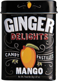 Ginger Delights Mango Candy | Genuine Ground Ginger Root, Natural Flavors | Kosher Certified, Vegan, Gluten Free | Aspartame & Xylitol Free | 30 Pieces per Tin (Pack of 12)