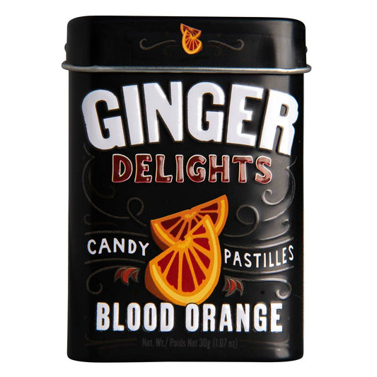Ginger Delights Blood Orange Candy | Genuine Ground Ginger Root, Natural Flavors | Kosher Certified, Vegan, Gluten Free | Aspartame & Xylitol Free | 30 Count Tin (Pack of 12)