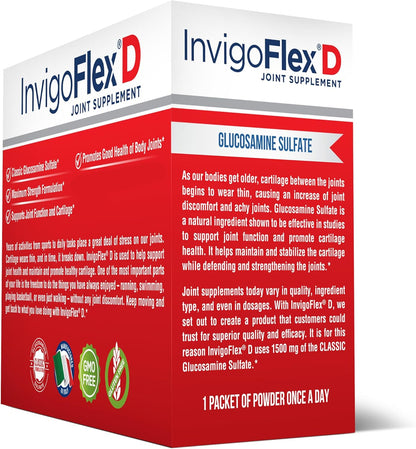 INVIGOFLEX 1500mg of Glucosamine Sulfate Powder (Classic Formulation) - Premium Joint Supplement for Knees, Hands, Back, and Hip Support D: Glucosamine Sulfate, Packets - 90 Packets