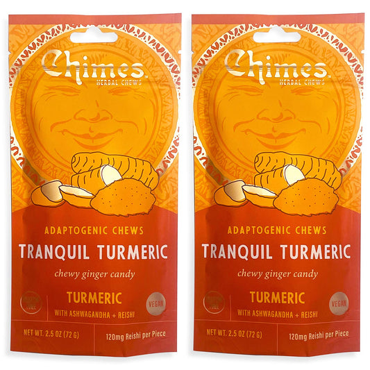 Chimes Tranquil Turmeric Adaptogen Ginger Chews Candy - (2 Pack With Ashwagandha, Reishi and Turmeric with Curcumin) Vegan, Gluten Free