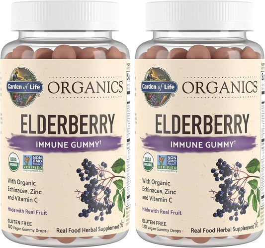 Elderberry Immune Gummy with Echinacea Zinc and Vitamin C Made with Real Fruit as a Real Food Herbal Supplement (120 Vegan Gummy Drops) Pack of 2