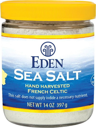 Eden Sea Salt, Hand Harvested French Celtic, Stone Ground (Fine), 82 Trace Minerals, Unrefined, Glass Jar, 14 oz