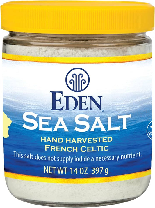 Eden Sea Salt, Hand Harvested French Celtic, Stone Ground (Fine), 82 Trace Minerals, Unrefined, Glass Jar, 14 oz