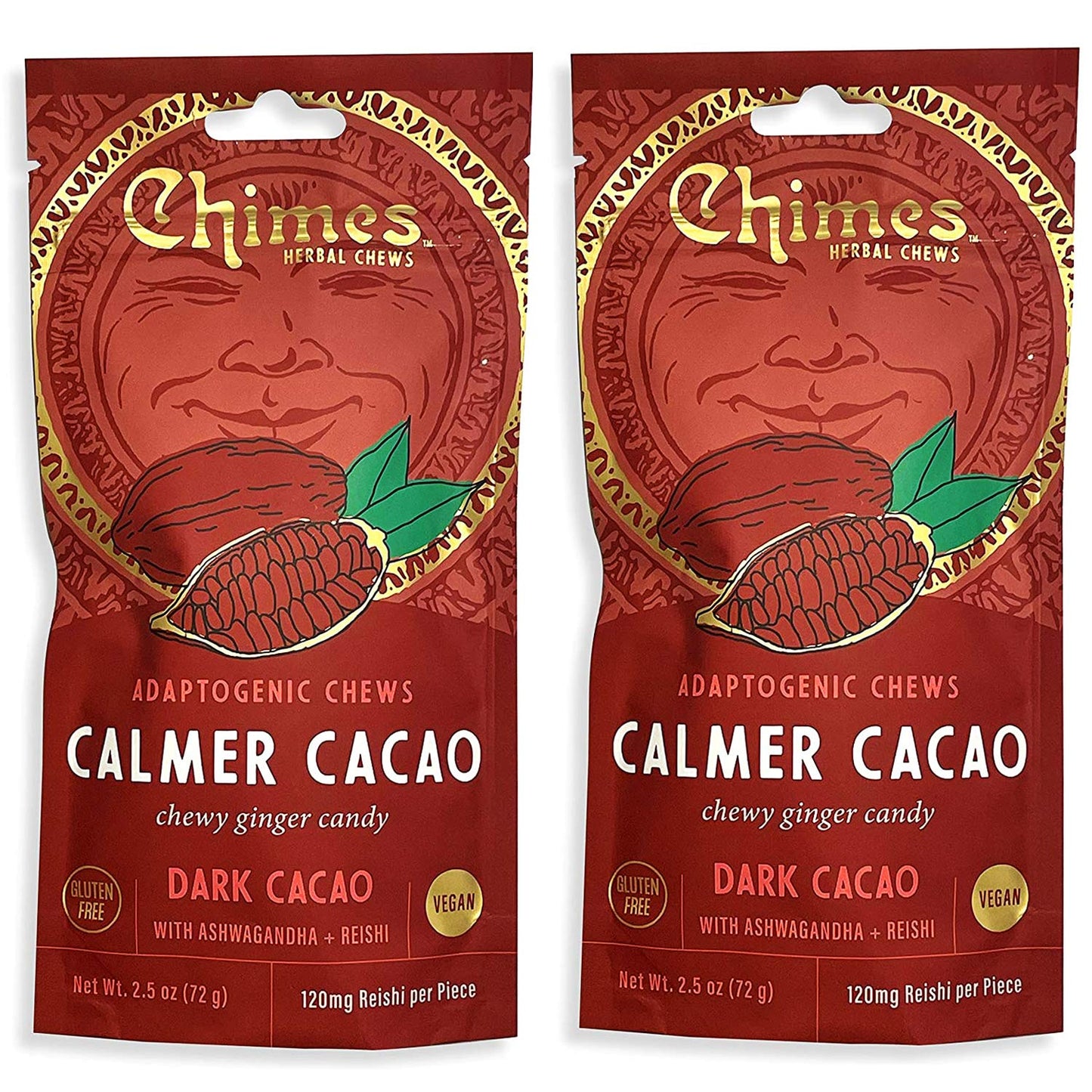 Chimes Calmer Cacao Adaptogen Ginger Chews Candy - (2 Pack With Ashwagandha, Reishi and Dark Cacao with Theobromine) Vegan, Gluten Free