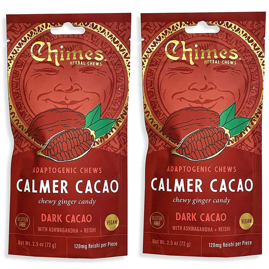 Chimes Calmer Cacao Adaptogen Ginger Chews Candy - (2 Pack With Ashwagandha, Reishi and Dark Cacao with Theobromine) Vegan, Gluten Free