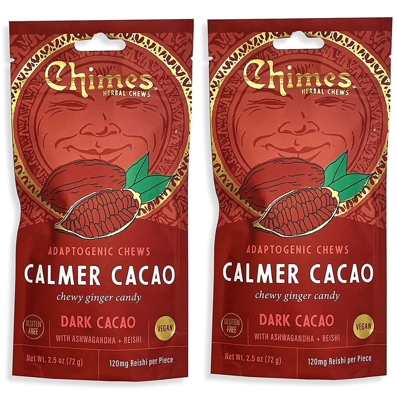 Chimes Calmer Cacao Adaptogen Ginger Chews Candy - (2 Pack With Ashwagandha, Reishi and Dark Cacao with Theobromine) Vegan, Gluten Free