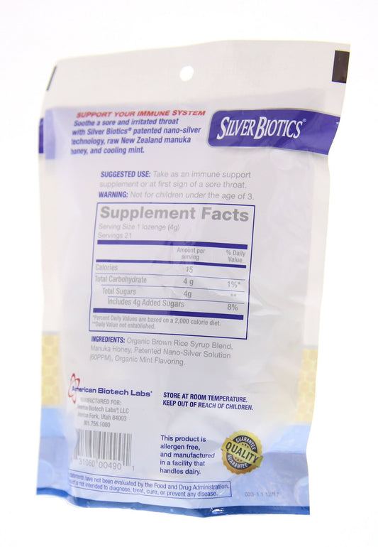 American Biotech Labs Silver Biotics Silver Lozenges w/60ppm SilverSol and Manuka Honey, Mighty Manuka Mint (21 Count) (2 Pack)