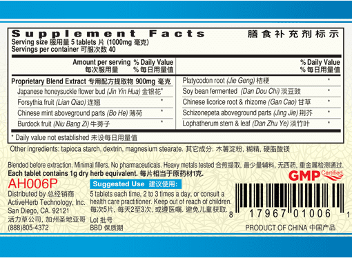 Guang Ci Tang Yin Qiao Jie Du Pian CF Signoff 200 Tablets Supplement Facts
