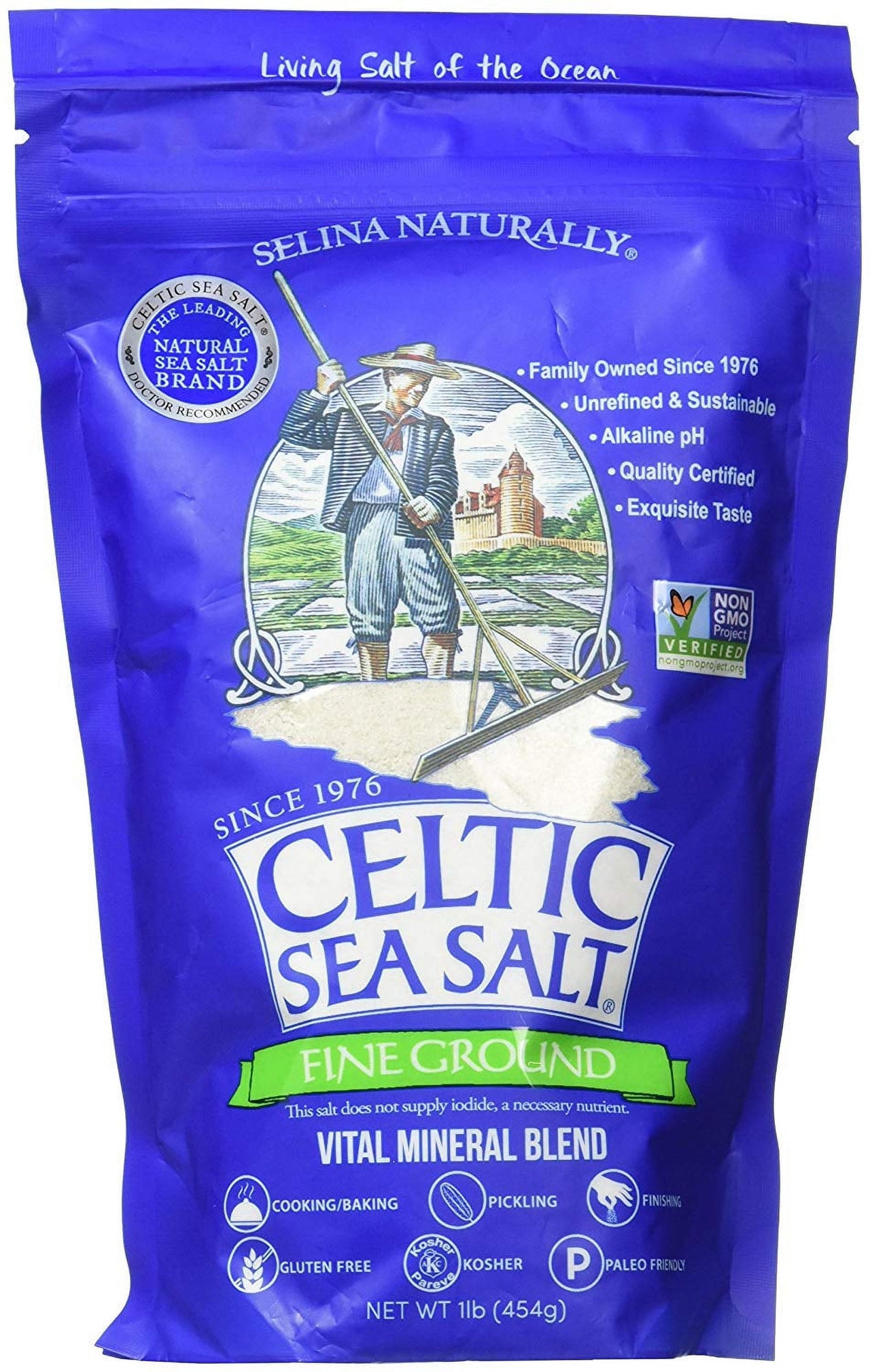 Fine Ground Celtic Sea Salt  16 Ounce (Pack of 1) Resealable Bag of Nutritious, Classic Sea Salt, Great for Cooking, Baking, Pickling, Finishing and More, Pantry-Friendly, Gluten-Free