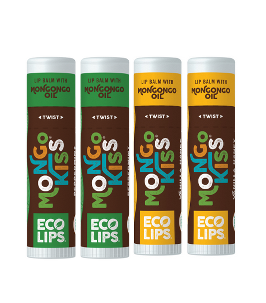 Eco Lips Mongo Kiss Organic Lip Balm 4 Pack - 100 Percent USDA Organic - Soothe, Moisturize Dry, Cracked and Chapped Lips - Made in USA (Peppermint & Vanilla Honey)